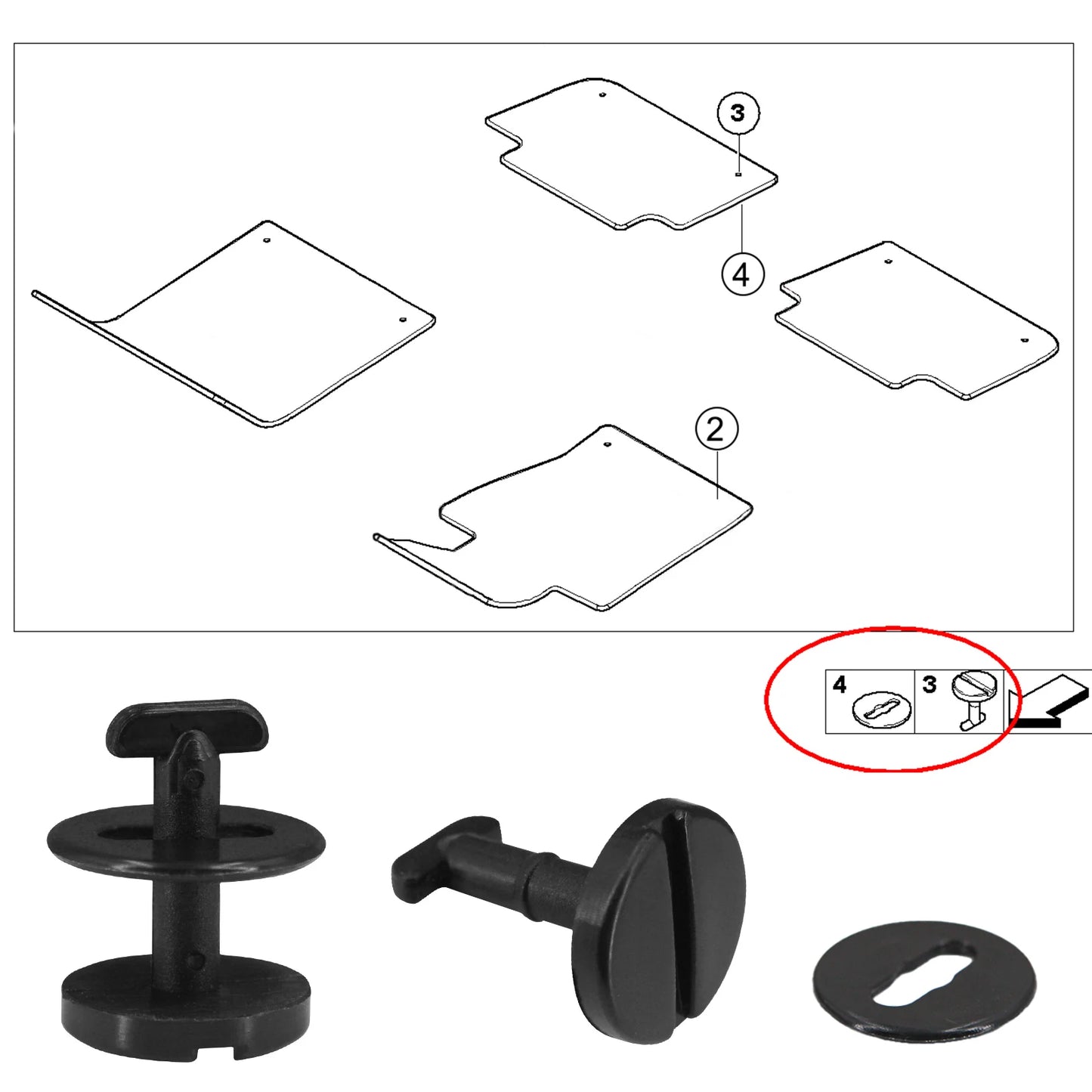 Four black plastic BMW floor mat clips for E36, E46, and E39 models.