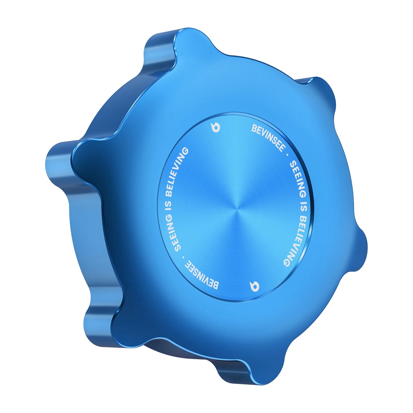 "Aluminum engine cap with a blue knob on a white background - BMW E46 E36 E39 X5 oil filler accessory."