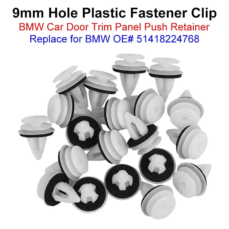 "BMW E46 Door Panel Clip Set of 50pcs: Plastic clips for securing car door glass, 9mm diameter."
