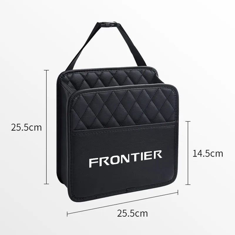 Black quilted car seat storage bag front view, suitable for organizing small items. Measurements and materials in product det