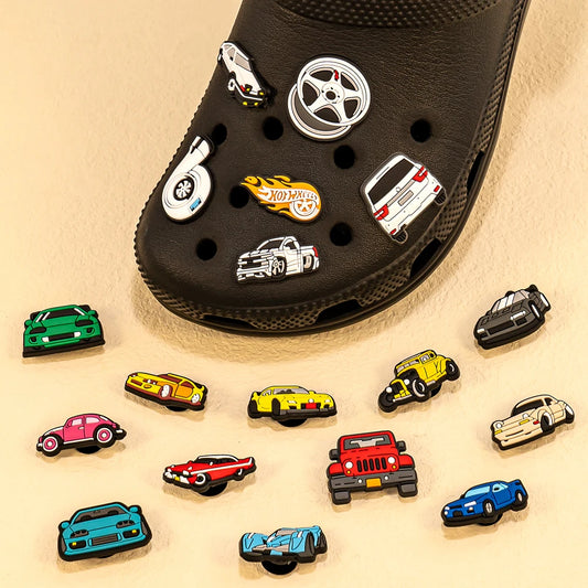 Black car shoe charms — add fun vehicle detail to men's or kids' clogs. DIY or buy ready-made. Accessory set includes mini ca