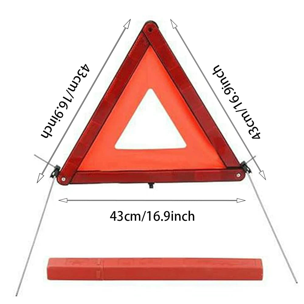 Red reflective emergency triangle with integrated warning flag. Size: 40x40x3 cm. Suitable for roadside visibility. Safety es
