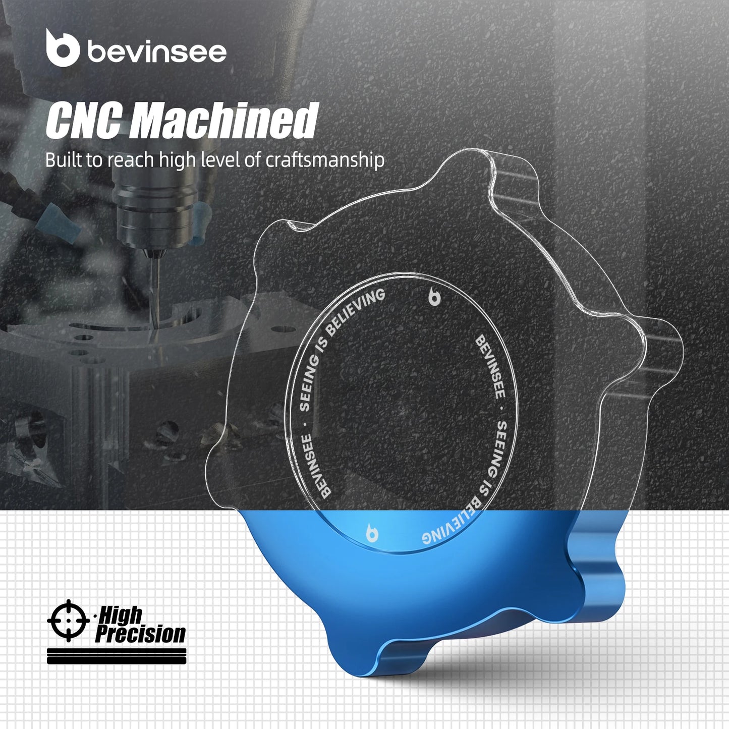 "Aluminum engine cover cap from BEVINSEE with embedded CN logo."