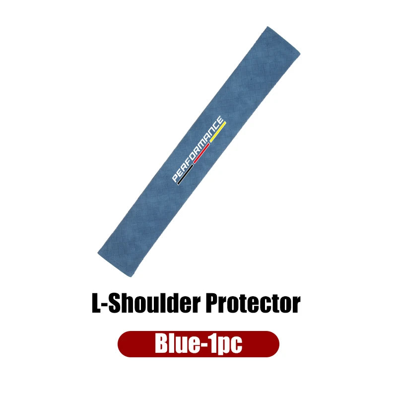 "Blue BMW seat belt shoulder pad cover for models E36, E39, and E46."