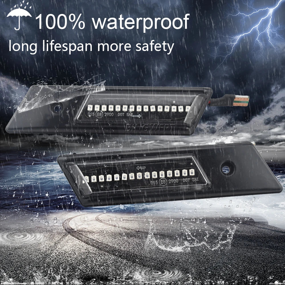 "Waterproof LED side markers for BMW E32, E34, and E36 models (1990-1996)."