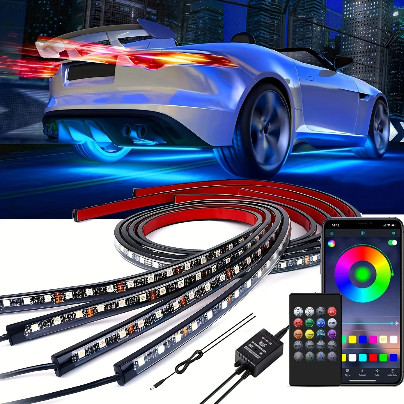 "RGB car underglow LED strip kit (120x150cm), includes app and remote control."