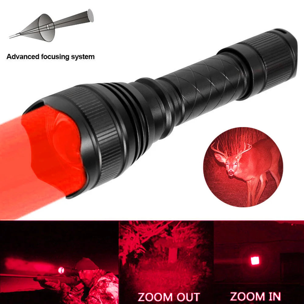 "USB-recharged Tactical Flashlight: Green & Red 500-yard beam with red laser marking."