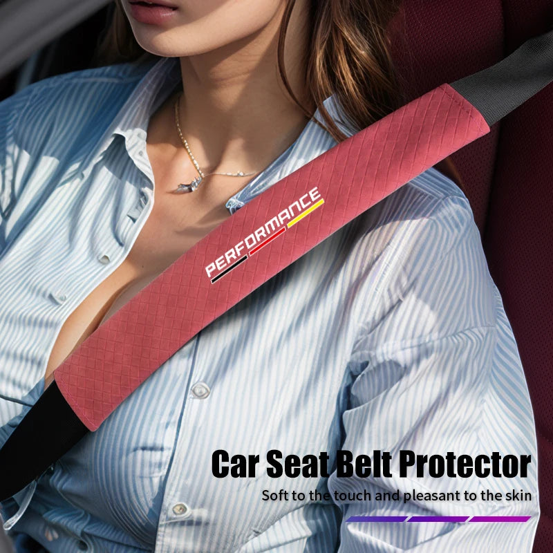 Seat belt shoulder pad cover for BMW E36, E39, E46 models. Enhances comfort with soft padding. No tie or woman present in the