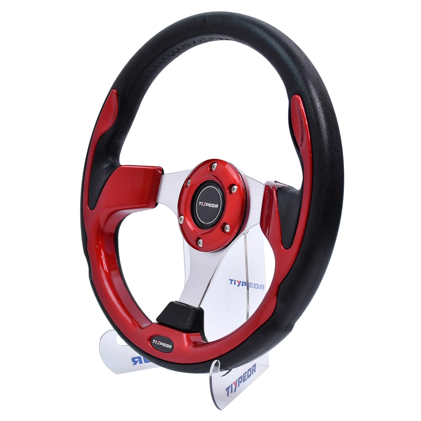 Red and white racing-style steering wheel with a black spokes (Universal Fit).