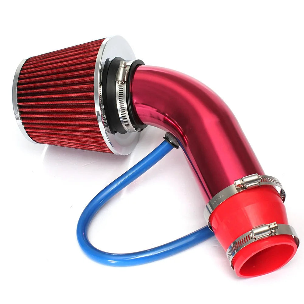 "76mm Winter Cold Air Intake Kit with mushroom filter and alloy pipe in red and blue."