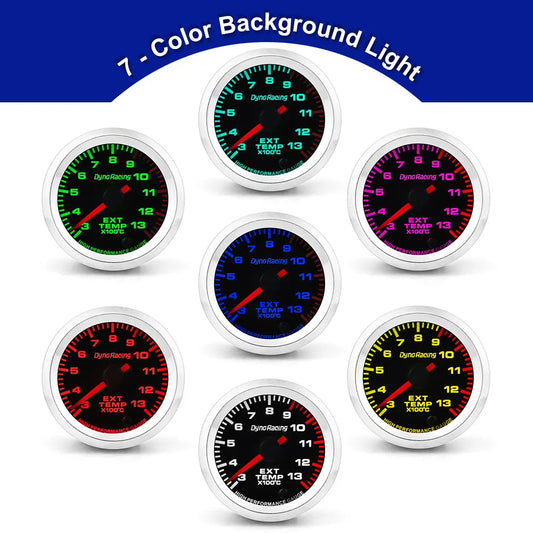 'Car high-perf exhaust temp gauge set — 2" x 52mm, reads 300–1300°C. Features color-coded dials for easy monitoring.'