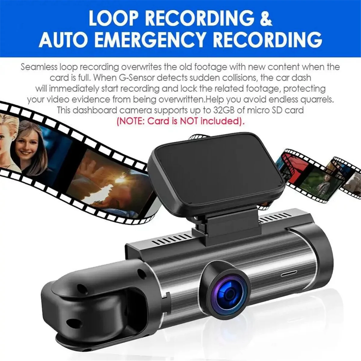'Dual-lens 3MP car DVR with Wi-Fi. Front + interior recording. Night vision. Compact, discreet design.'