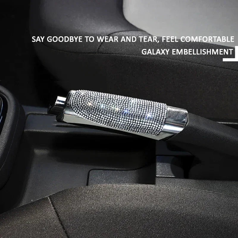 "Universal fit Diamond Handbrake Cover in silver and black design."