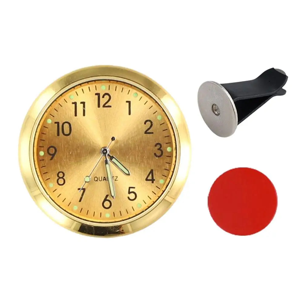 Red and white analog car clock with distinct red knob.