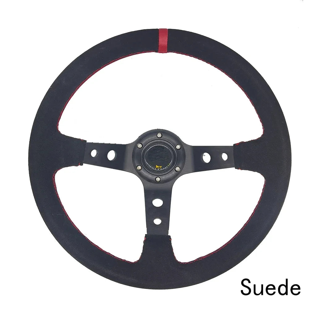 "14-inch universal corn racing steeling wheel with suede/PVC/PU grip and aluminum frame, styled after drift sports, not speci