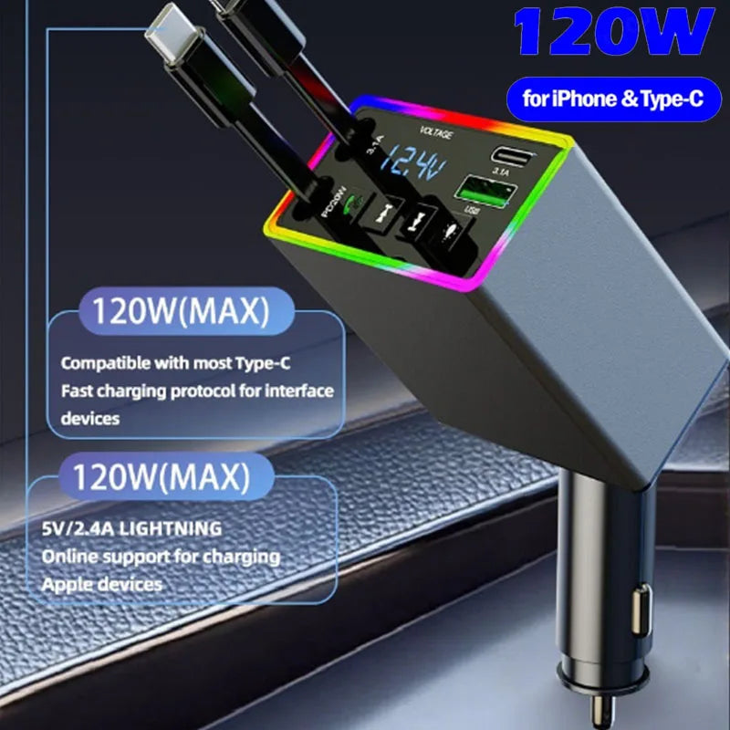 Bluetooth FM transmitter with 4-in-1 fast charging, retractable cable. Compatible with MP3 players and USB devices. 120W outp