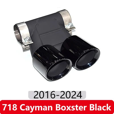 Black exhaust tip covers for Porsche Cayman/Boxster (987/981/718, 2009-2024) - dual outlets.