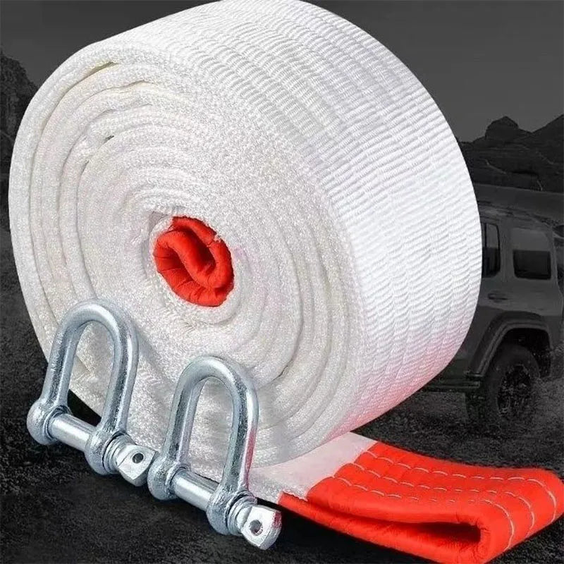 White tow rope with two hooks and one red hook for emergency towing.