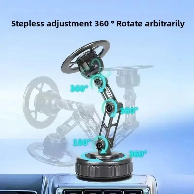 Car dashboard scene with foldable phone stand and camera. Compatible with 3-axis magnetic mount. Product: Vacuum Magnetic Pho