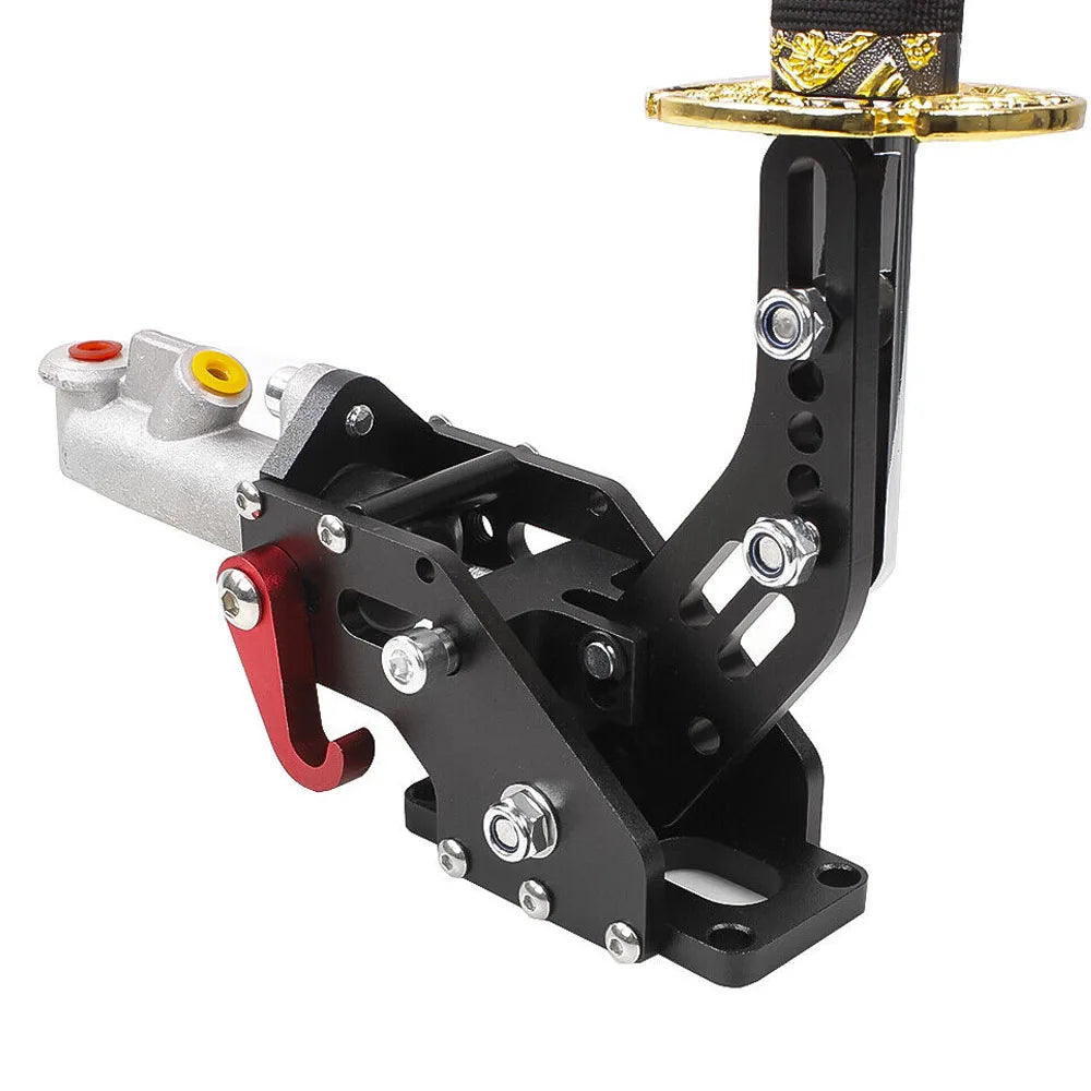 Black and gold handbrake with red handle. Universal hydraulic design for bicycles.