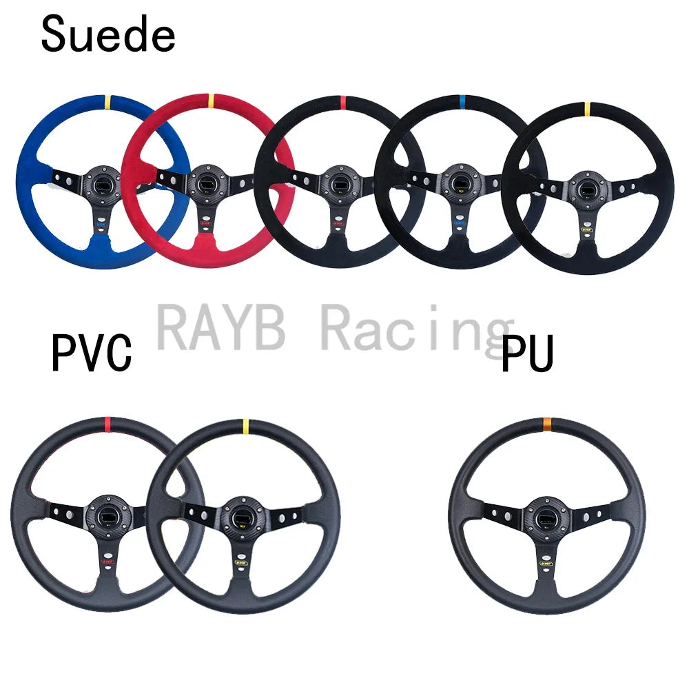"14-inch universal corn racing steering wheel with suede/PVC/PU grip and aluminum frame, styled after drift sports, suitable 