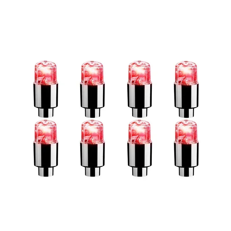 'LED wheel lights: set of 4 red bulbs for valve caps on car, bike, or motorcycle.'