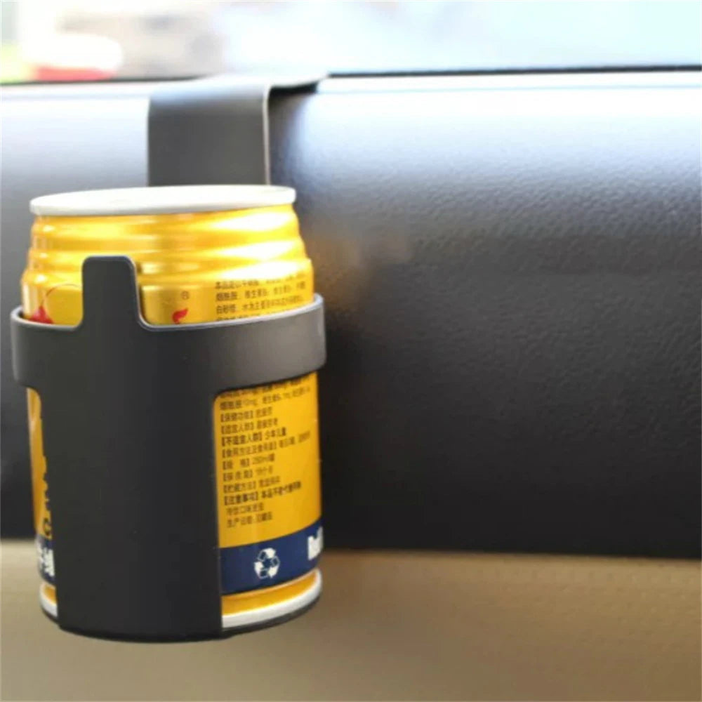 Car window cup holder holds beverage — fits cans and cups. On-dash mount keeps drinks within reach. Portable for road trips o