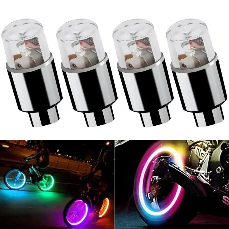 '4-pack: Colorful LED valve caps for car, bike, or motorcycle wheels - enhances visibility.'