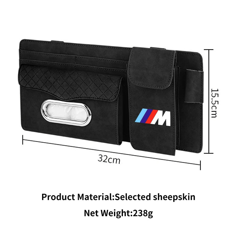 "BMW Sun Visor: Leather holder for tissue and glasses. Compatible with BMW E36, E39, E46 models."