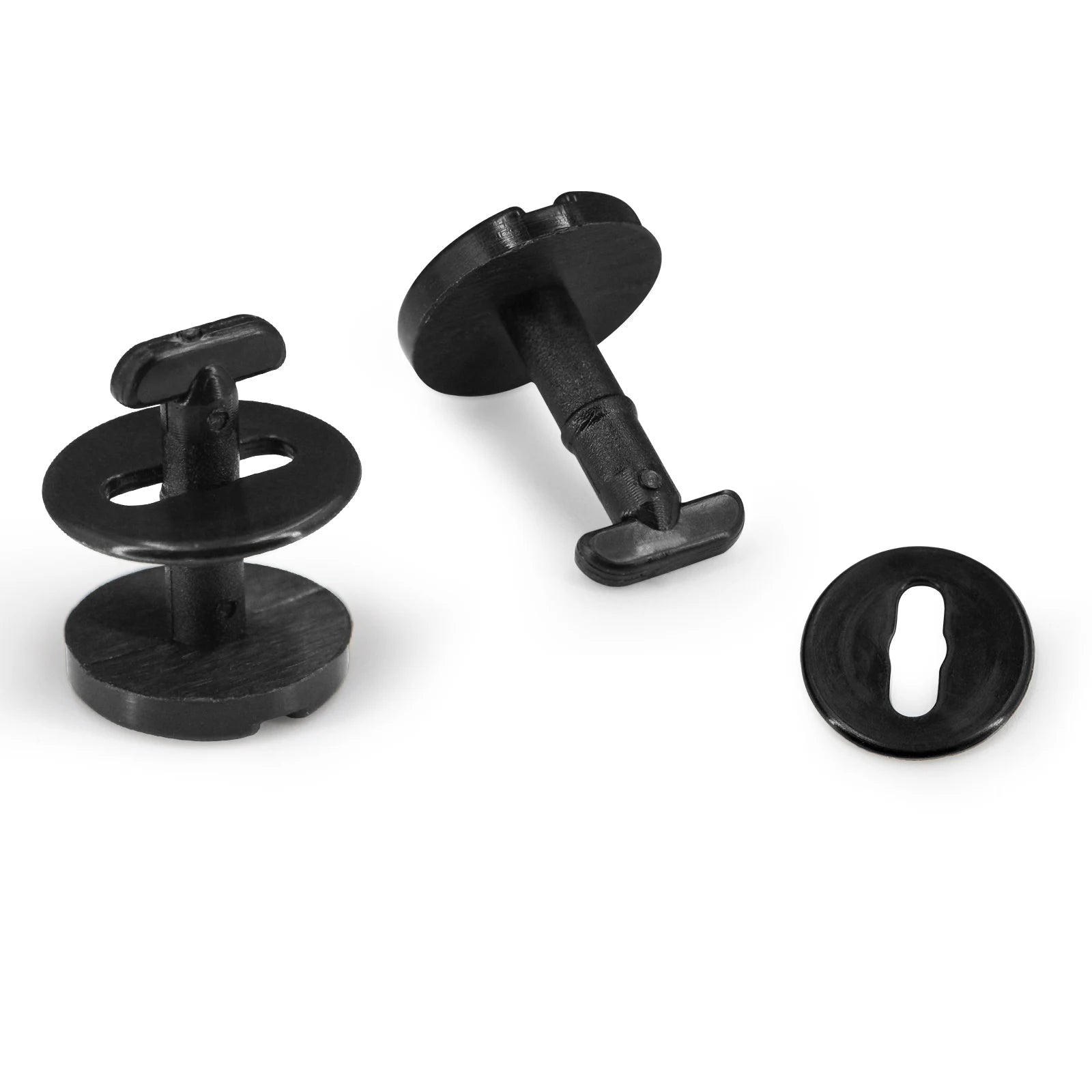 "Black metal carpet clips (pack of 10) for BMW E36, E46, and E39 models."