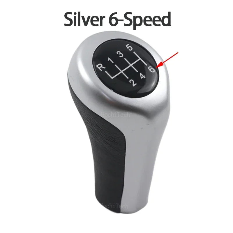 Silver BMW 5/6-speed gear shift knob for E30, E36, E46, E90, E60, and X5 models.