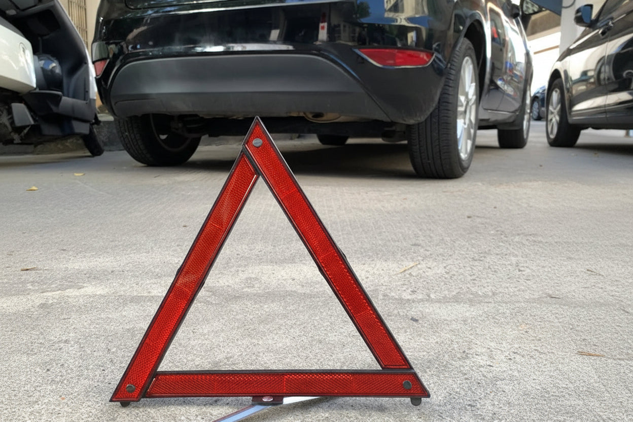 'Foldable reflective triangle for roadside emergency visibility - 46cm x 39cm x 7cm. Ideal for car safety kits.'