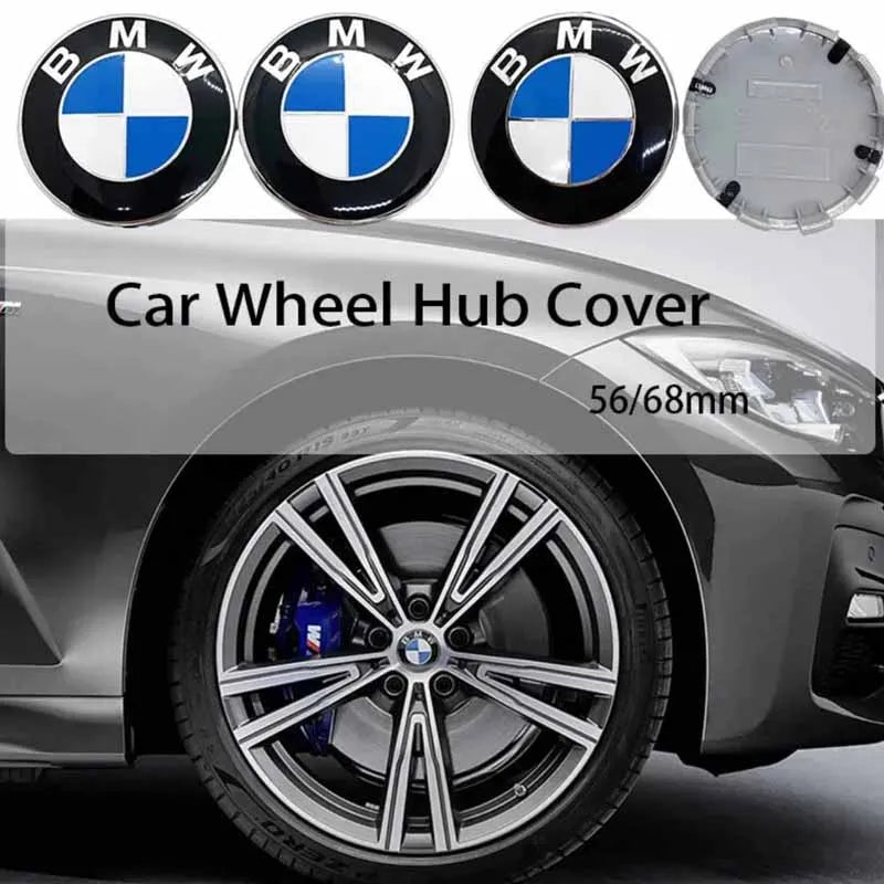 Set of 4 BMW wheel center caps for 56mm and 68mm hubs.

Or, if the hub sizes are not mentioned in the product title:

Set of 