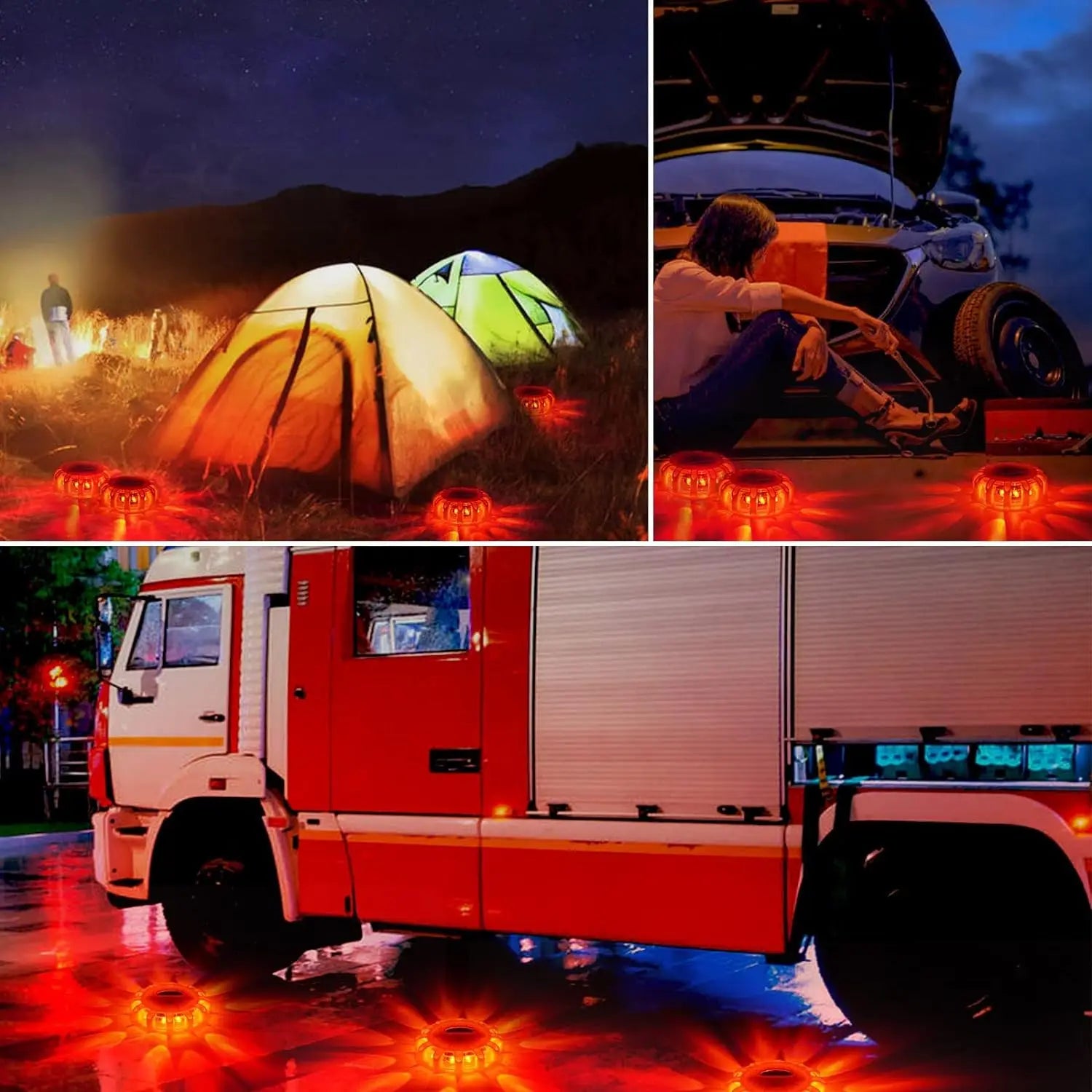 "Tent and camper next to a parked truck with USB-rechargeable magnetic road flares for enhanced visibility."