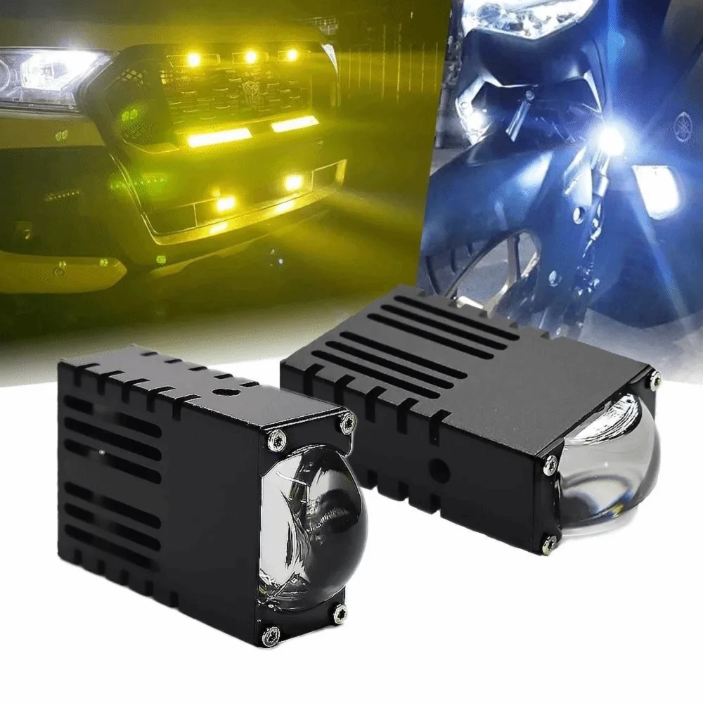 Mini Car LED Headlights - Pair with 5500K/3000K lenses. Fits E-Class models. Replacement for fog lights. Two units per order.