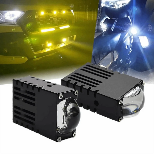 Mini Car LED Headlights - Pair with 5500K/3000K lenses. Fits E-Class models. Replacement for fog lights. Two units per order.