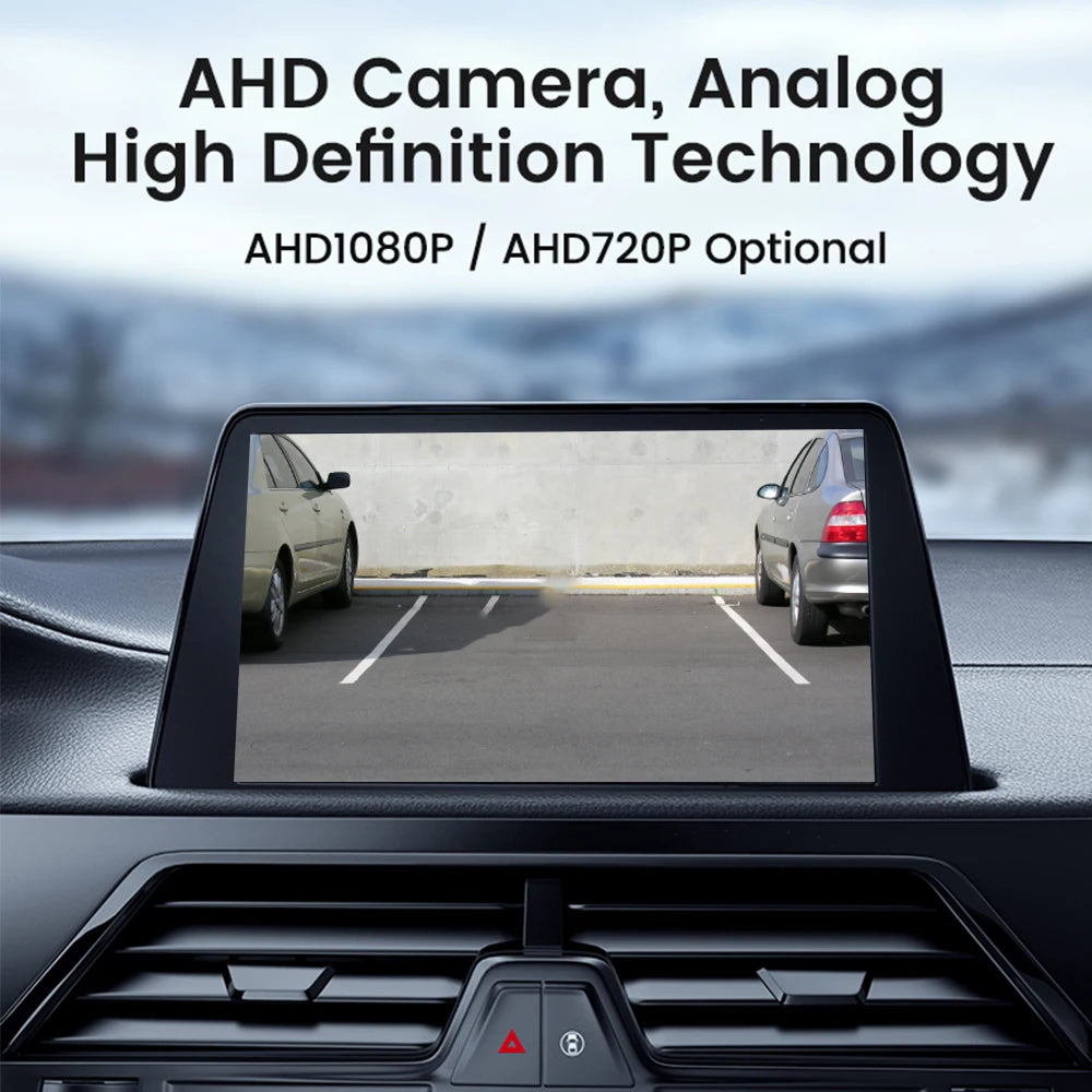 Car Rear View Camera with 170° Fisheye Lens. Mounted on dashboard near rearview mirror. CVBS/AHD output. Dimensions: 58x42mm.