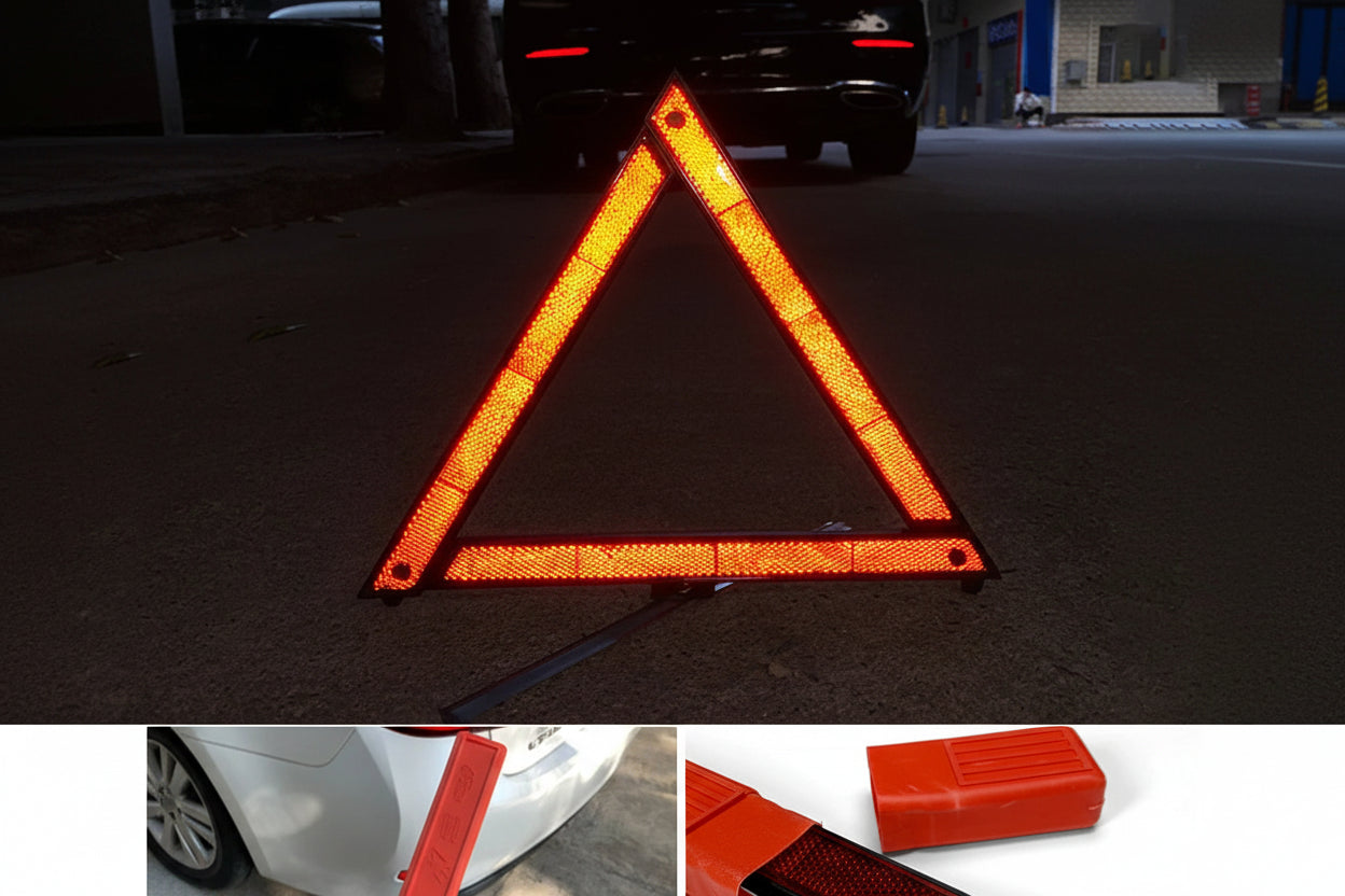 Red foldable car emergency reflector in triangle shape — enhances visibility at roadside. 125 characters.