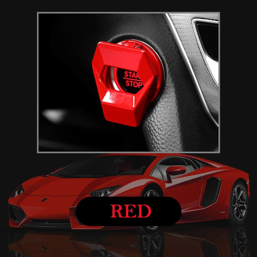 Red sports car with 'R' badge, featuring new engine start-stop button cover upgrade. Conceptual product showcase.