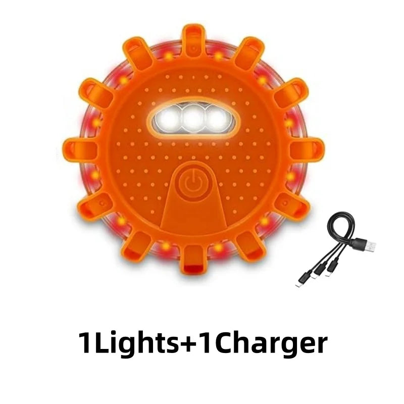 "Orange USB-recharged road flare with magnetic base for emergency use."