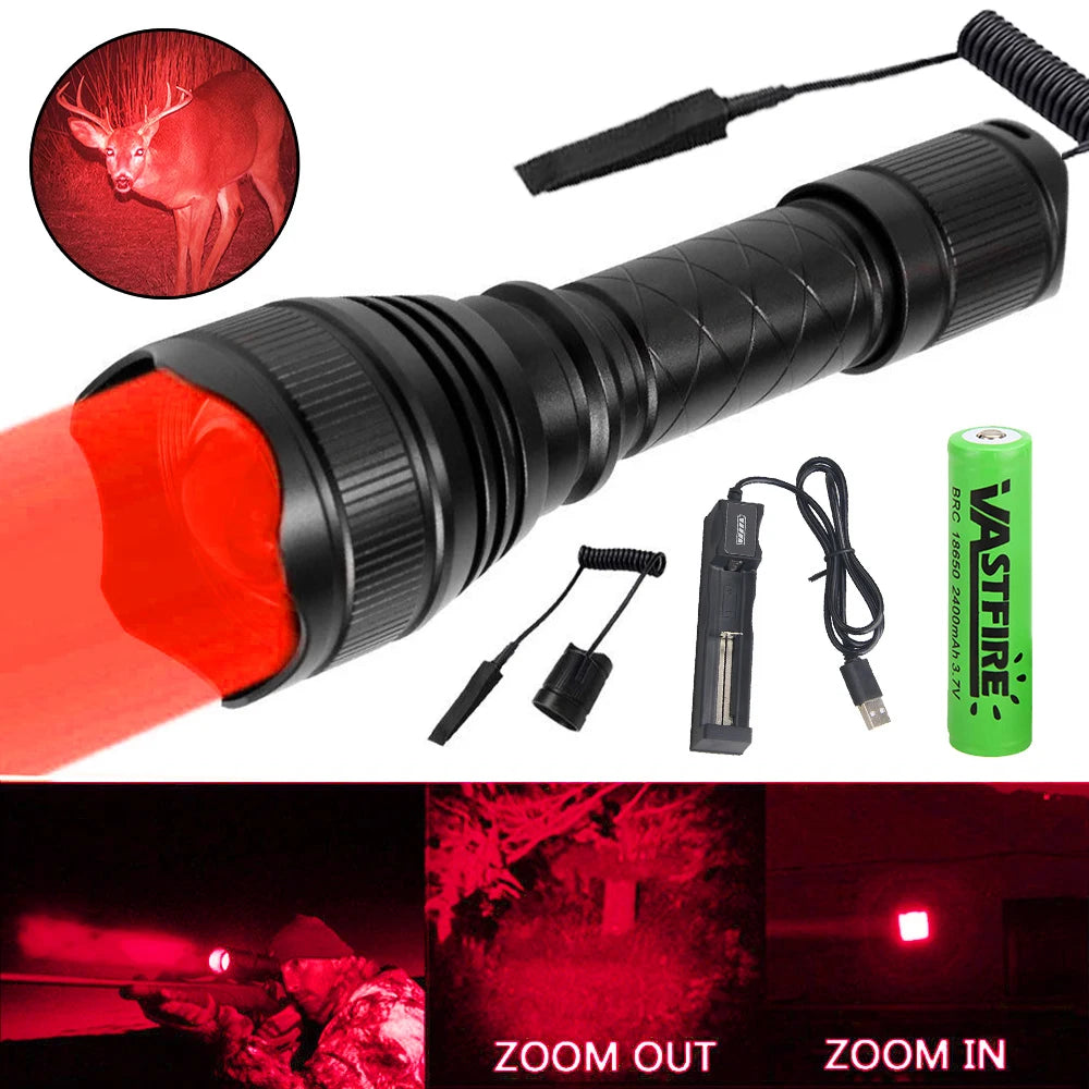 "USB-rechargeable Tactical Flashlight with red laser focus beam. Green and red lighting options."