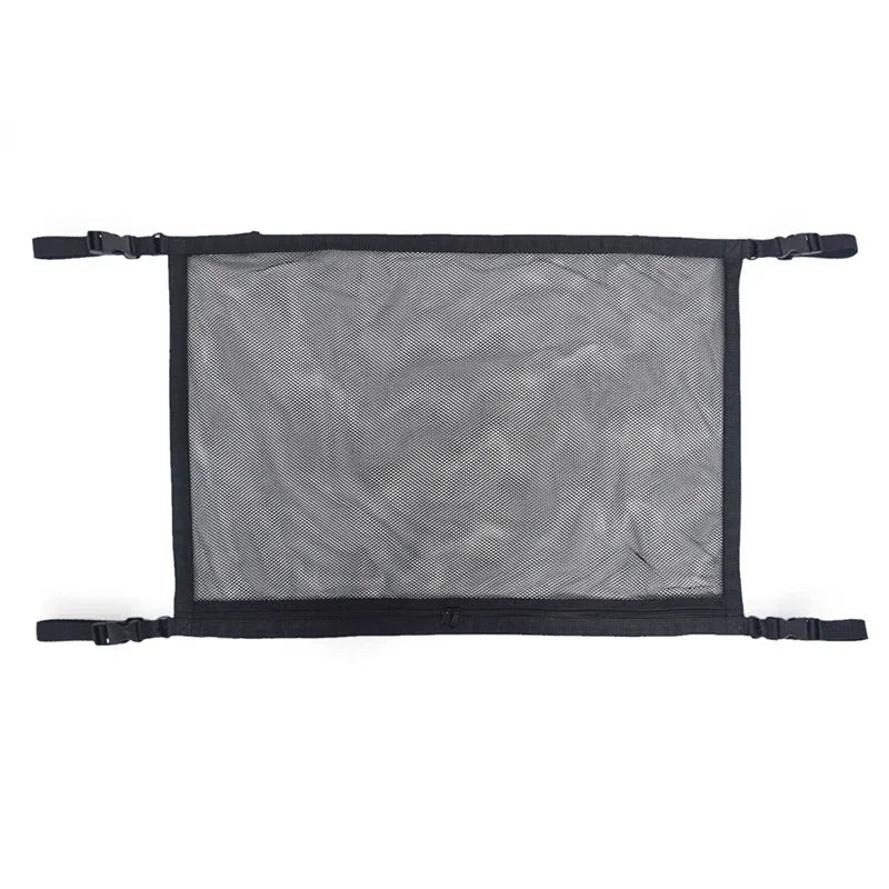 Zippered roof storage net for SUV. Mesh pockets organize cargo. Fits most car models. Black/Grey. Size: 80cm x 40cm x 30cm. P