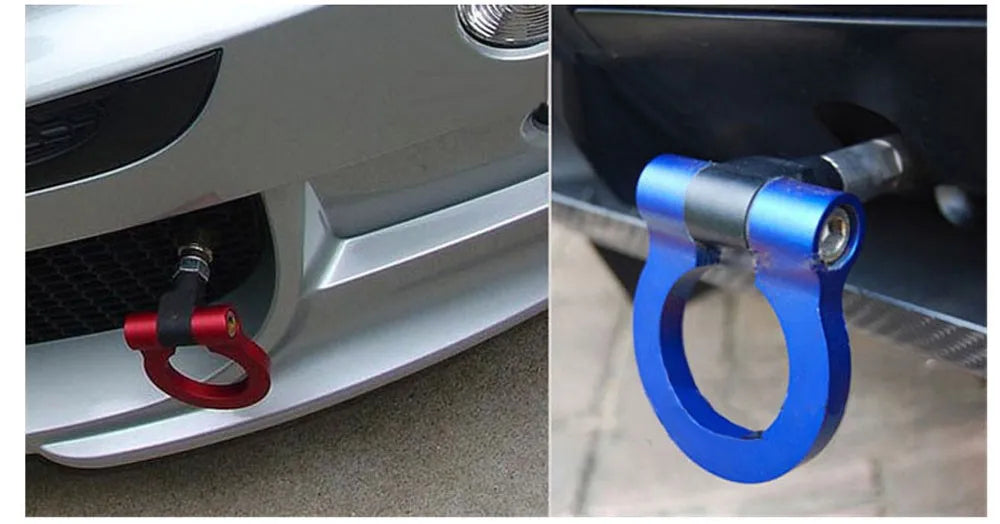Two images of a car featuring screw-on bumper rings in blue and red, with R-EP style folding tow hooks attached.