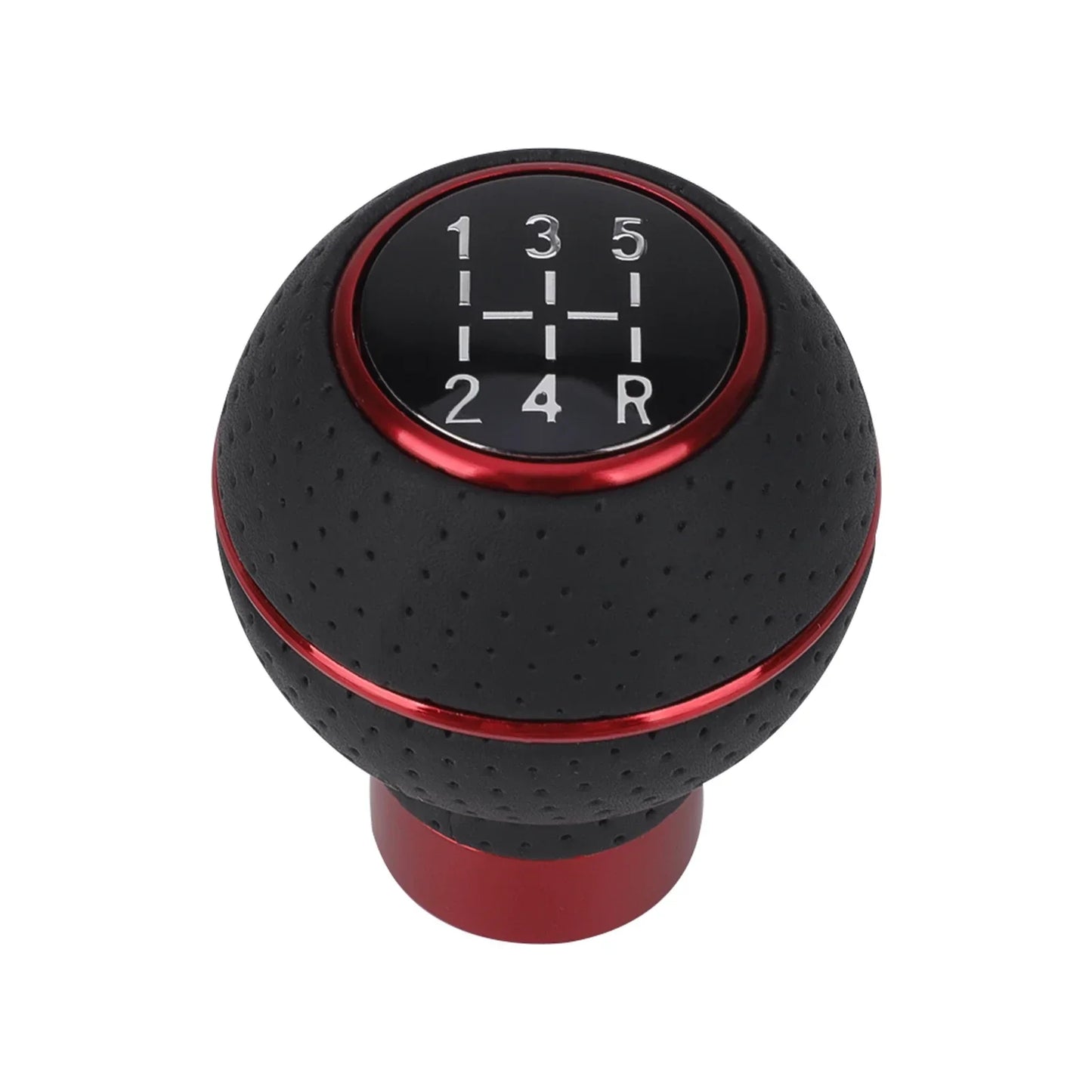 Red aluminum gear knob (M8/M10/M11/M12) on white. Two-tone: red body, black shift ball. Ideal for upgrades. No logo or brandi
