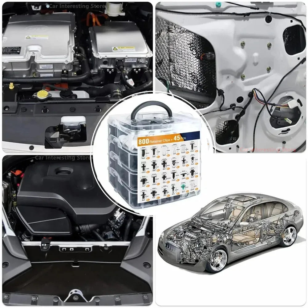 "Car Battery Clips - 800pc Kit: Essential for automotive trim and panel repair."