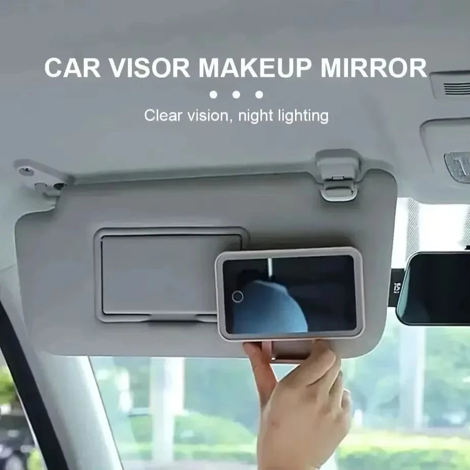 Car rearview mirror with integrated camera and compact LED makeup mirror. Suitable for recording and personal grooming on-the