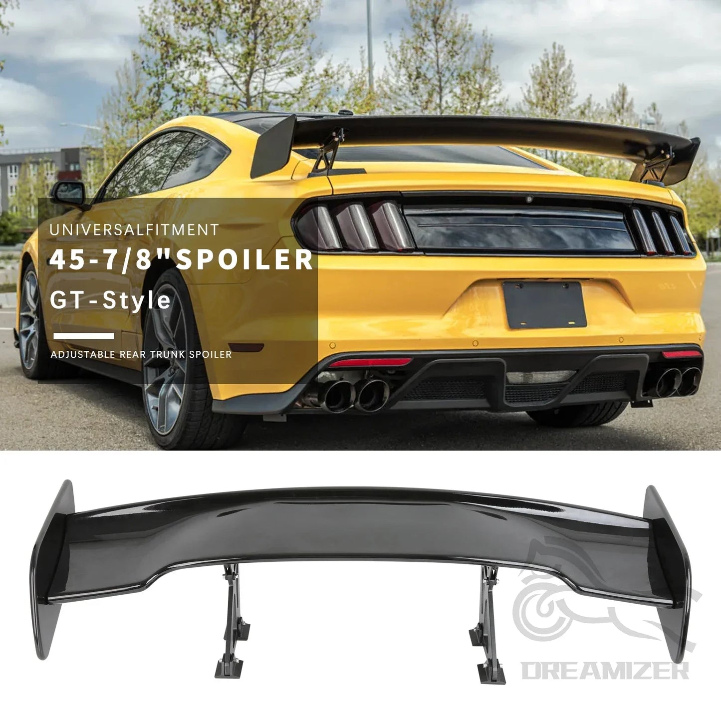 Matte black Universal GT-style rear spoiler for sedan vehicles (116cm) - enhances aerodynamics.