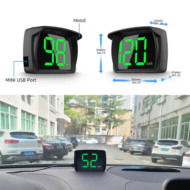 Digital speed meter with green LED display on head-up windshield, mimicking car dashboard instrument. Measures speed in KM/H 