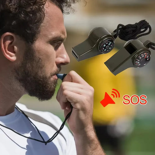 Bearded man with watch near survival gear - compass, thermo, whistle. Model not included.