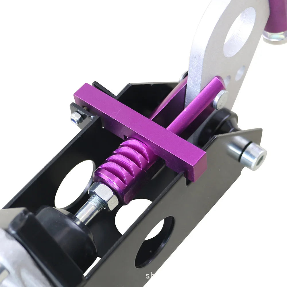 "Purple and black hydraulic handbrake with white background - Universal Racing E-Brake."